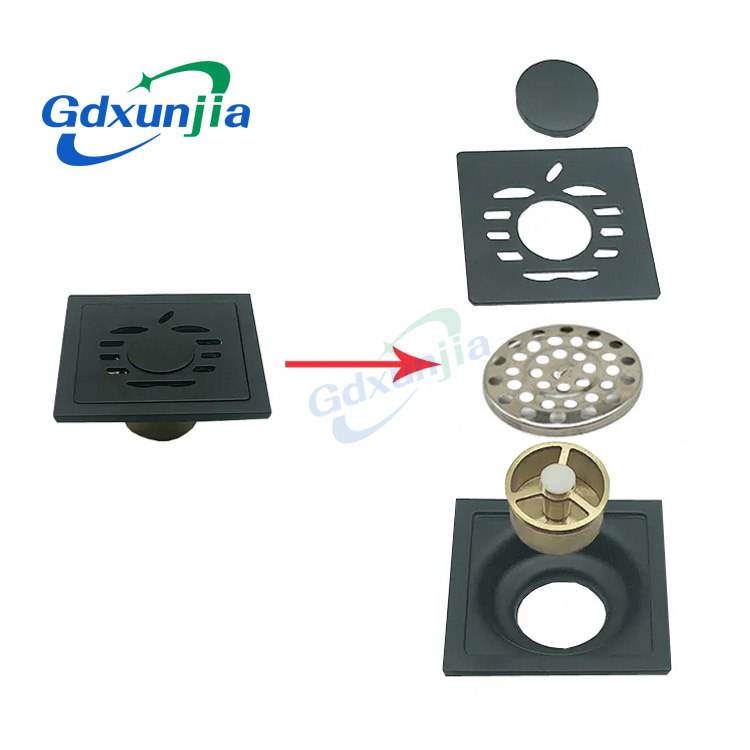 Hot Sale Black 4 Inch Double 6mm Thick Square Apple Pattern 201 Stainless Steel Bathroom Floor Drain —XINZHIJIA/XUNJIA